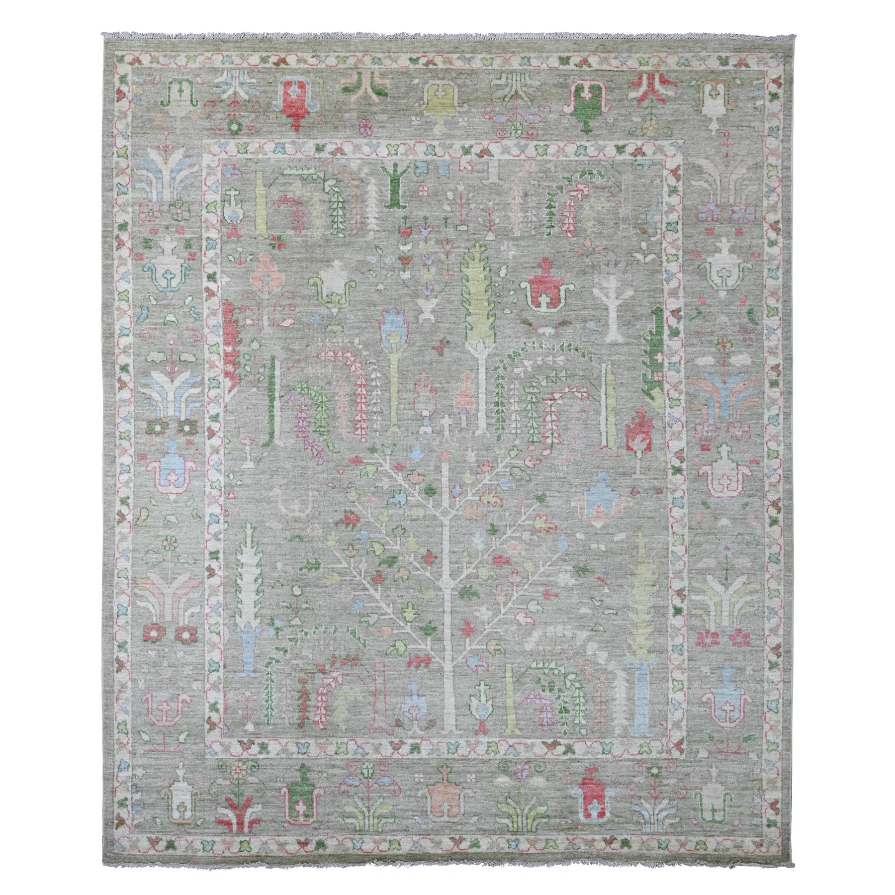 8'x9'8" Sage Green, Afghan Angora Oushak with Cypress and Willow Tree Design, Hand Knotted, 100% Wool, Vegetable Dyes, Oriental Rug 